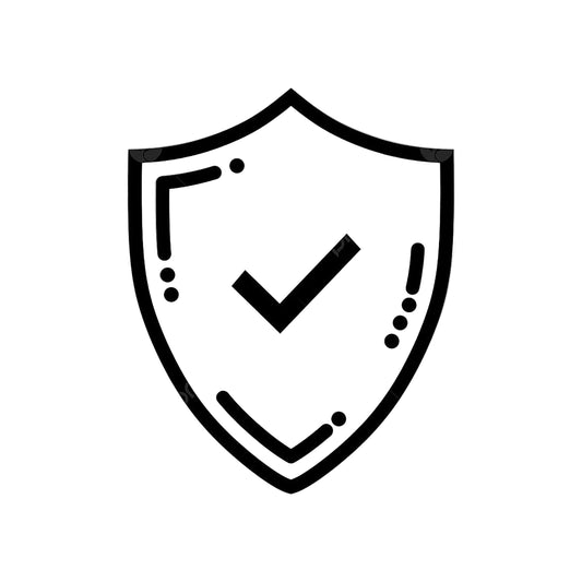 Black line art icon of a shield with a check mark on a transparent background